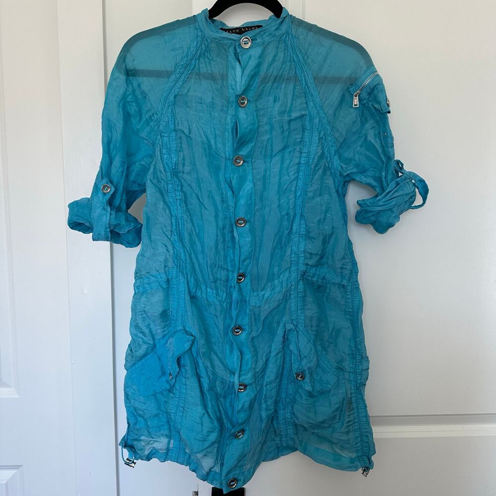 Ralph Lauren (S) Black Label Blue Silk Crinkle Button Up Top Coastal Beach VTG